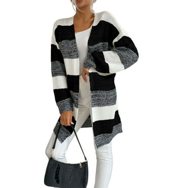 Qwertyu Women's Striped Long Sleeve Open Front Knit Cardigan Casual Color Block Fall Pullover Sweater Black S