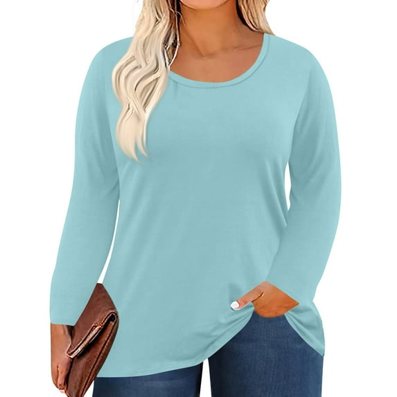 Qwertyu Women's Plus Size Long Sleeve T-Shirt Casual Loose Cotton Shirts Scoop-Neck Basic Tops for Women Sky Blue 5XL