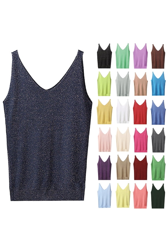 Women's Tank Top with Knitted Sequins Sleeveless V Neck Shirt Casual Sequins Strappy Elegant Blouses Yellow One Size