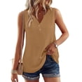 thumbnail image 1 of Qwertyu Women's V Neck Tank Tops Casual Summer Button Down Sleeveless Shirts Camel M, 1 of 4