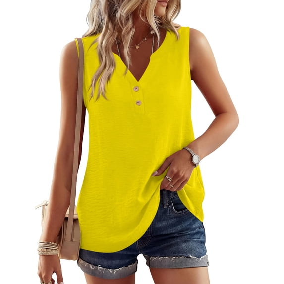 Qwertyu Women's V Neck Tank Tops Casual Summer Button Down Sleeveless Shirts Yellow XL