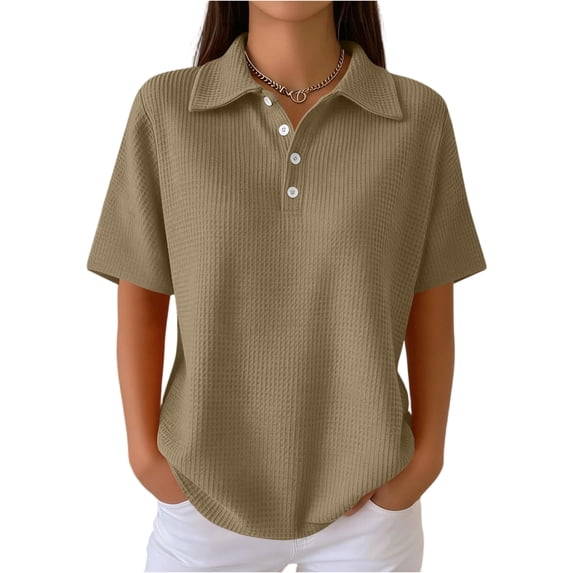 Qwertyu Women's Waffle Knit Short Sleeve Button Down Collared Polo Shirt Casual Loose Fit Tops for Spring Khaki XL
