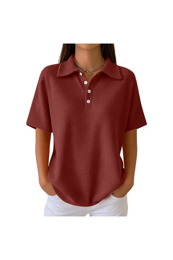Women's Waffle Knit Short Sleeve Button Down Collared Polo Shirt Casual Loose Fit Tops for Spring Wine M