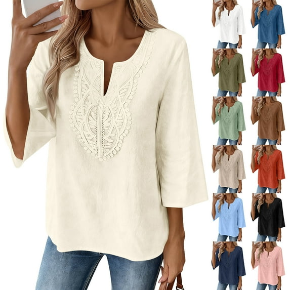 Qwertyu Womens 3/4 Sleeve Tops Cotton Linen Shirts V Neck Lace Casual Loose Fit Blouses Boho Fashion Vacation Clothes Army Green M