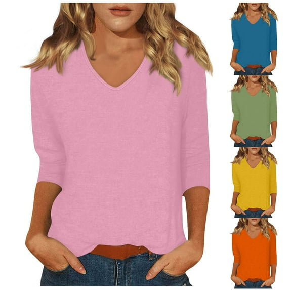 Qwertyu Womens 3/4 Sleeve Tops Summer Casual V Neck T Shirt Solid Loose Fit T-shirts Ladies Three Quarter Length Sleeve Blouses Orange XL