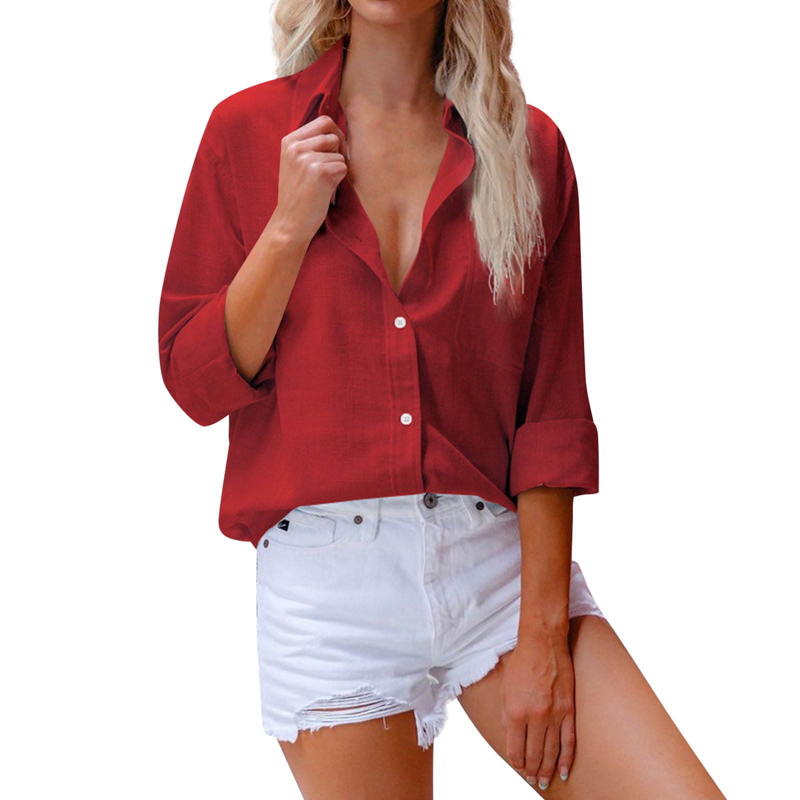 Qwertyu Womens Button Down Cotton Linen Shirts V Neck Roll Up Short ...
