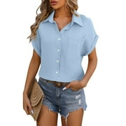 Qwertyu Womens Button Down Shirts Casual Short Sleeve Dress Shirt Collared Summer Work Blouse Tops Light Blue M