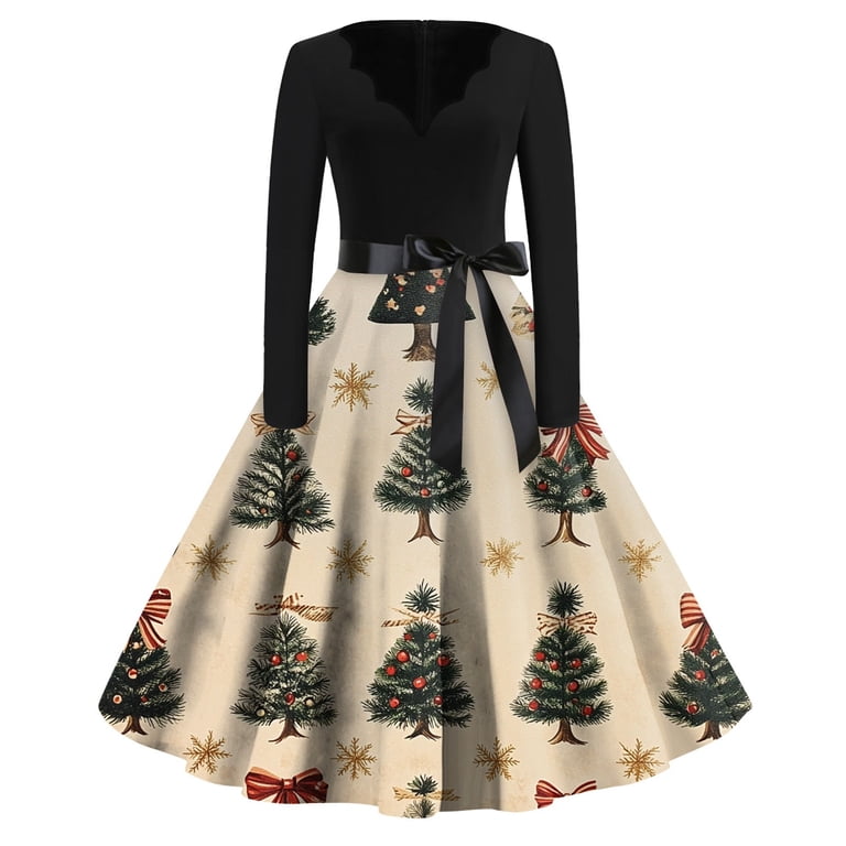 Qwertyu Womens Christmas Dress Santa Snowflake Graphic Plus Size Swing Dress  Long Sleeve Knee-Length Xmas Cocktail Dress Khaki S - Walmart.com