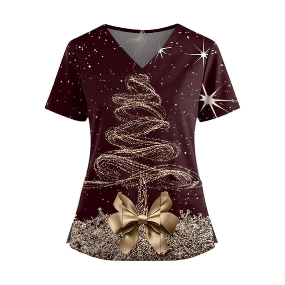 Slit Microchanels Qwertyu Womens Christmas Scrub Tops Xmas V Neck Short Sleeve Two Pocket ...