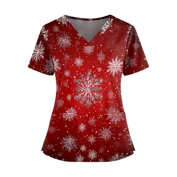 Slit Microchanels Qwertyu Womens Christmas Scrub Tops Xmas V Neck Short Sleeve Two Pocket ...