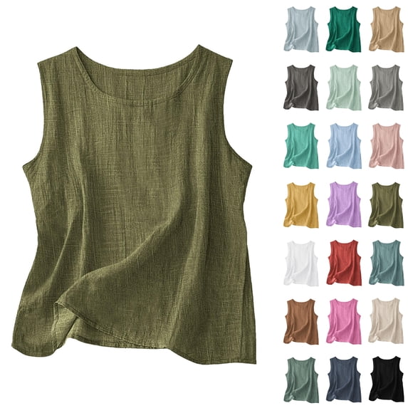 Qwertyu Womens Cotton Linen Crop Tank Tops Casual Sleeveless Crew Neck Loose Fit Solid Color Linen Blend Camisole Light Gray M