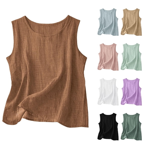 Qwertyu Womens Cotton Linen Tank Tops Round Neck Sleeveless Tops Summer Solid Color Shirts White L
