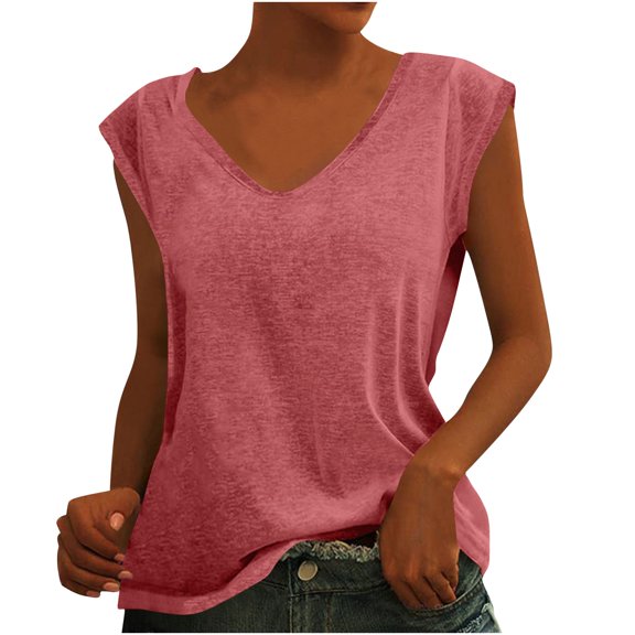 Qwertyu Tank Top for Women Solid Color V Neck Sleeveless Causal Sexy Shirts Hawaiian Beach Holiday Sports Workout Running Tees Summer Basic Tops Watermelon Red 2XL