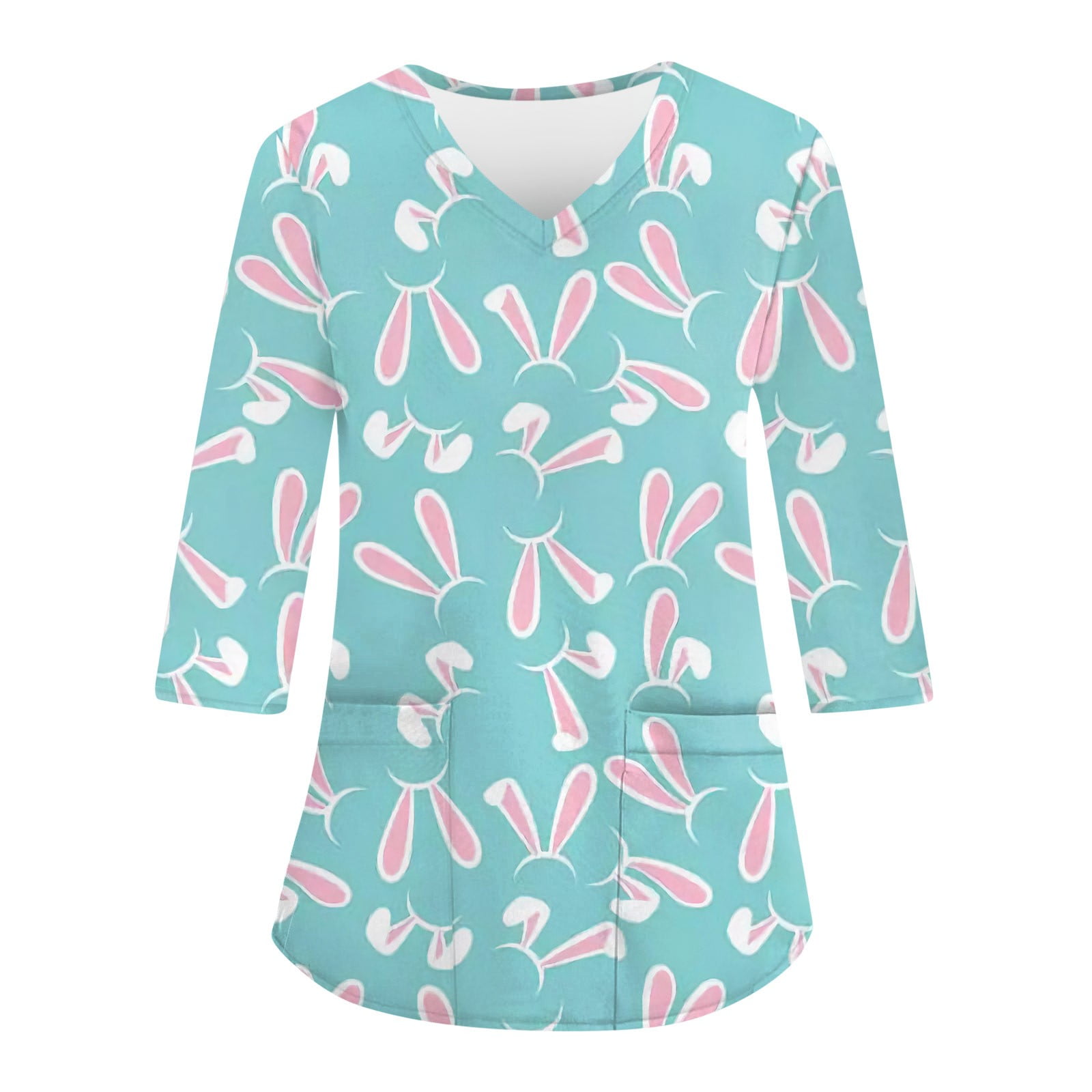 Qwertyu Womens Easter Scrubs Plus Size Bunny Eggs Rabbit Elbow 3/4 Sleeve Scrubs Jackets Plus