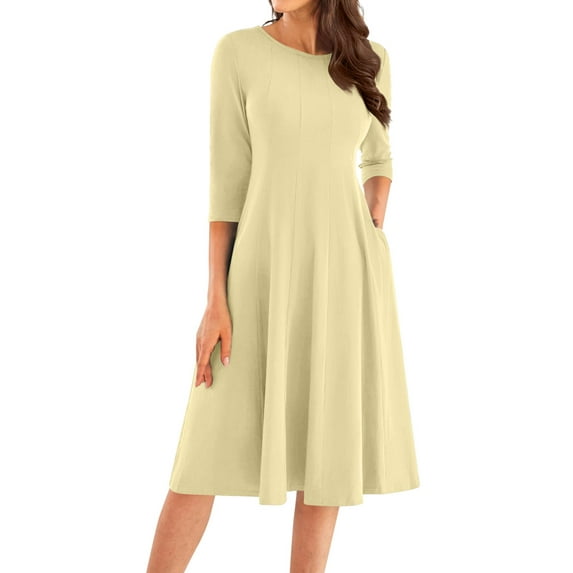 Qwertyu Womens Fall Dresses 3/4 Sleeve Crewneck Solid Color Midi Dress Trendy Casual Flowy Dresses for Women Beige XL