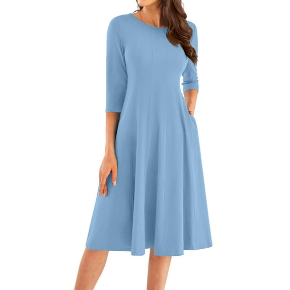 Qwertyu Womens Fall Dresses 3/4 Sleeve Crewneck Solid Color Midi Dress Trendy Casual Flowy Dresses for Women Light Blue L
