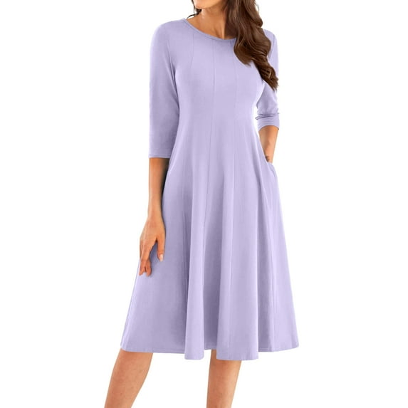 Qwertyu Womens Fall Dresses 3/4 Sleeve Crewneck Solid Color Midi Dress Trendy Casual Flowy Dresses for Women Light Purple 2XL
