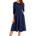 thumbnail image 1 of Qwertyu Womens Fall Dresses 3/4 Sleeve Crewneck Solid Color Midi Dress Trendy Casual Flowy Dresses for Women Navy M, 1 of 5
