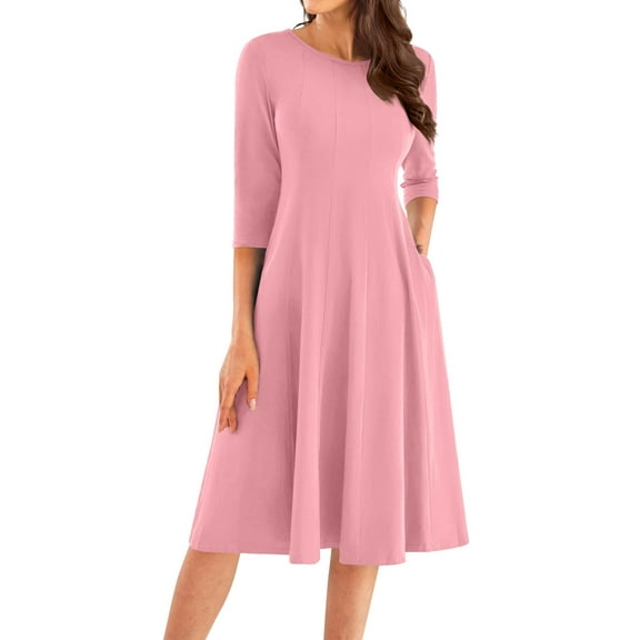 Qwertyu Womens Fall Dresses 3/4 Sleeve Crewneck Solid Color Midi Dress Trendy Casual Flowy Dresses for Women Pink XL