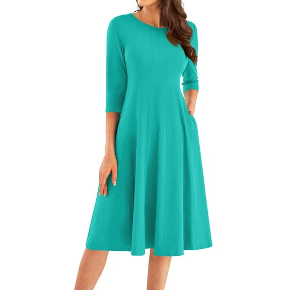 Qwertyu Womens Fall Dresses 3/4 Sleeve Crewneck Solid Color Midi Dress Trendy Casual Flowy Dresses for Women Turquoise XL