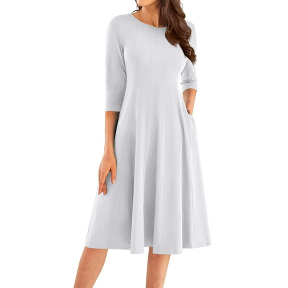 Qwertyu Womens Fall Dresses 3/4 Sleeve Crewneck Solid Color Midi Dress Trendy Casual Flowy Dresses for Women White M