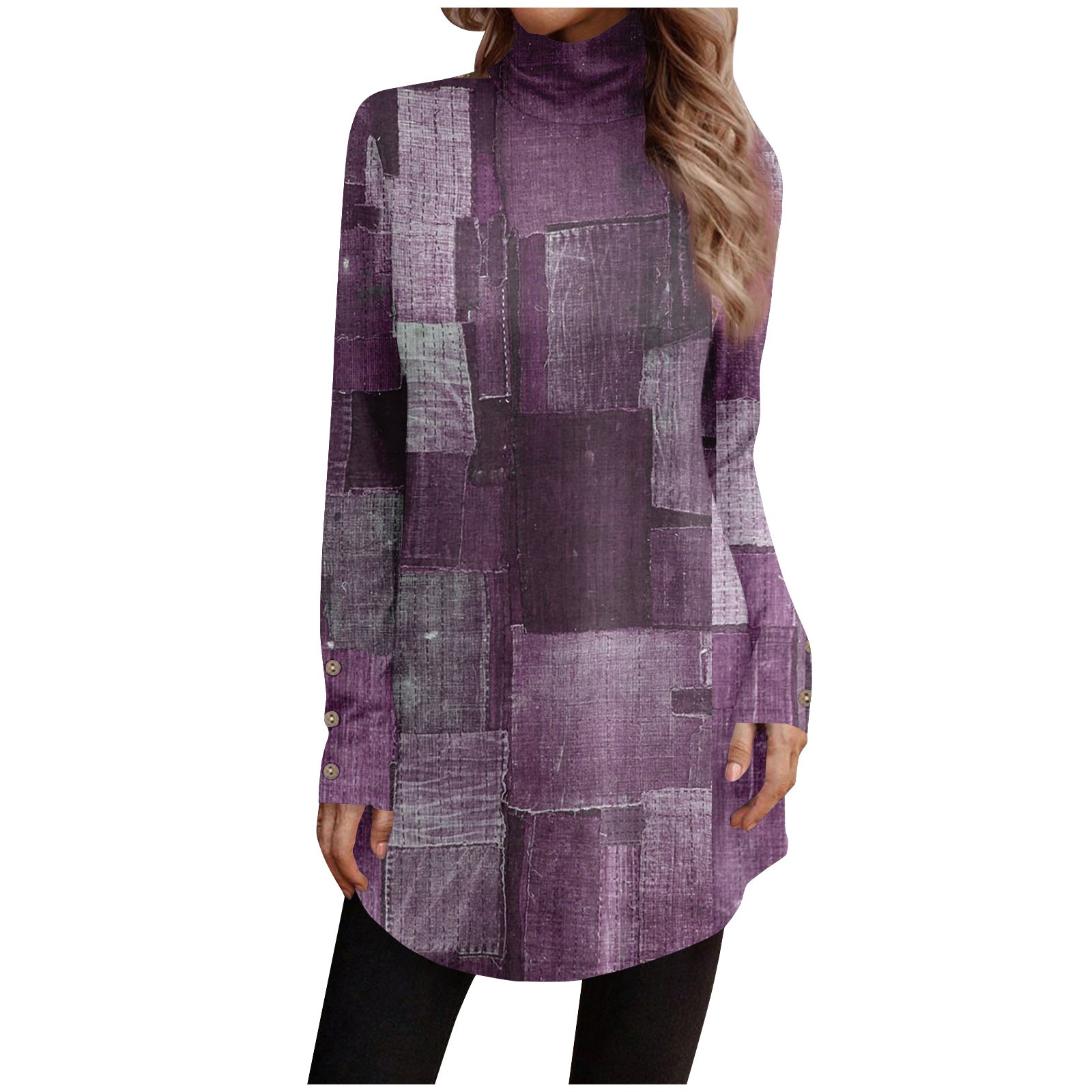 Qwertyu Womens Fitted T Shirts Long Sleeve Turtleneck Geometric Tunic