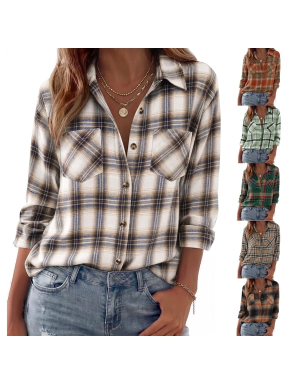 Womens Flannel Plaid Button Down Shirts Lightweight Casual Fall Winter Long Sleeve Shacket Jacket Trendy Comfy Warm Outwear Tops with Pockets Orange XL