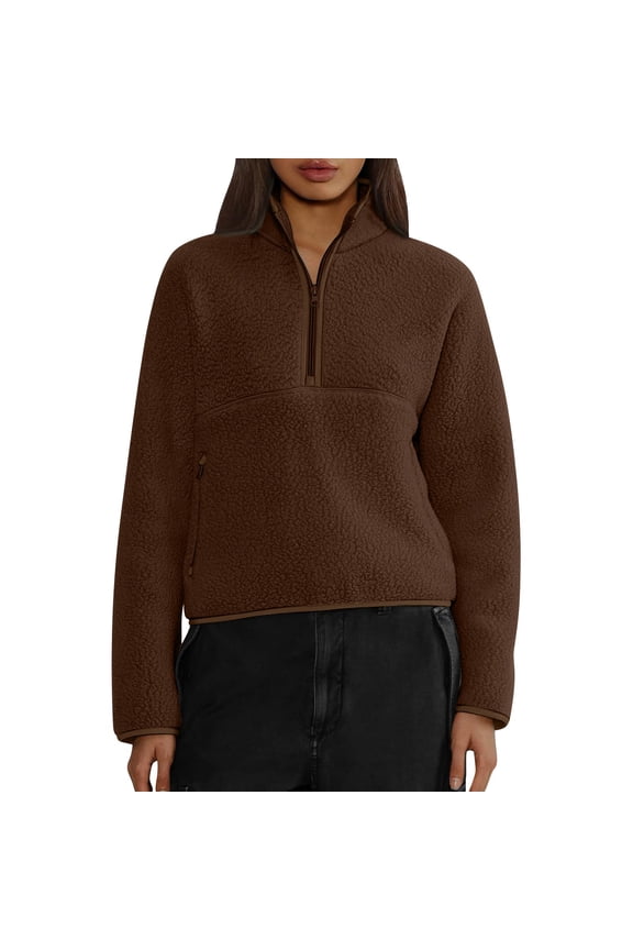 Womens Fleece Sweatshirts Cropped Half Zip Fuzzy Warm Pullover Varsity Jackets with Zipper Pockets Camel L