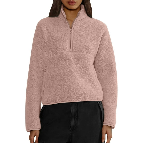Qwertyu Womens Fleece Sweatshirts Cropped Half Zip Fuzzy Warm Pullover Varsity Jackets with Zipper Pockets Cyan M