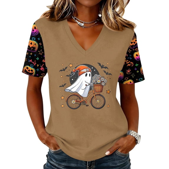 Qwertyu Womens Halloween Shirts Plus Size Funny Ghost Pumpkin Print Short Sleeve V-Neck Halloween T-Shirt Casual Loose Cute Thanksgiving Tunic Tops Khaki S
