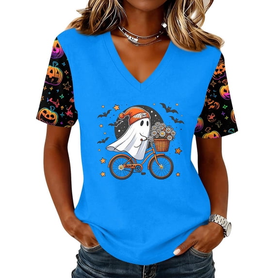 Qwertyu Womens Halloween Shirts Plus Size Funny Ghost Pumpkin Print Short Sleeve V-Neck Halloween T-Shirt Casual Loose Cute Thanksgiving Tunic Tops Light Blue 2XL