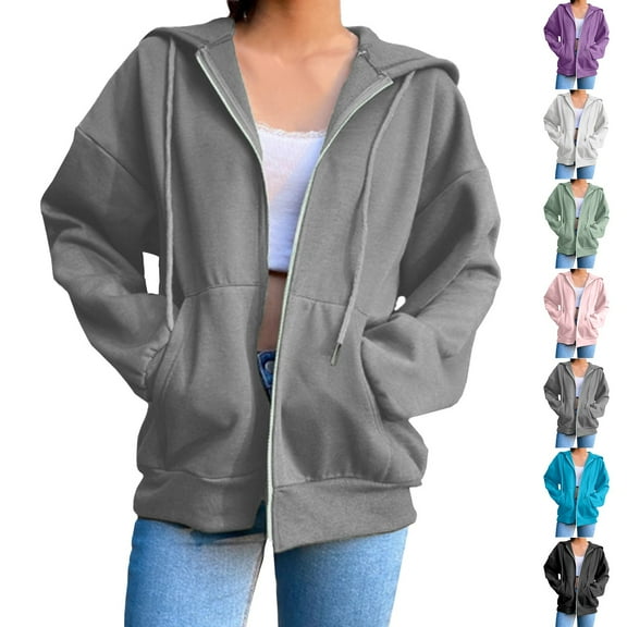 Qwertyu Womens Hoodies Full Zip Up Jackets with Pockets for Women Cotton Plain Hoodie Outwear Drawstring Hooded Sweatshirt Coat Beige L