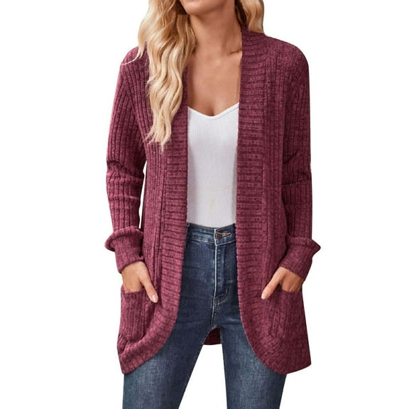 Qwertyu Womens Long Cardigan Lightweight Sweater Open Front Long Sleeve Cardigans with Pockets 2025 Wine 2XL
