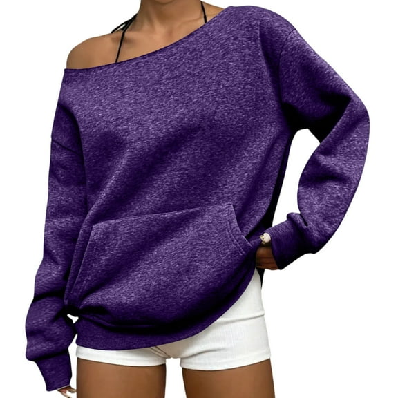 Qwertyu Womens Off Shoulder Sweatshirt Drop Shoulder Oversized Long Sleeve Pullover Top Purple XL