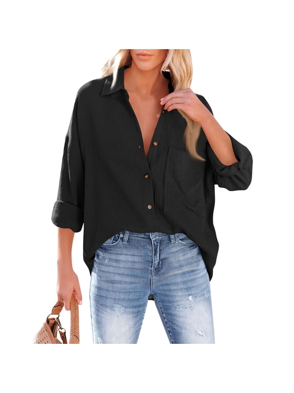 Womens Oversized Cotton Button Down Gauze Shirts Collared Long Sleeve Blouse Top Black 3XL