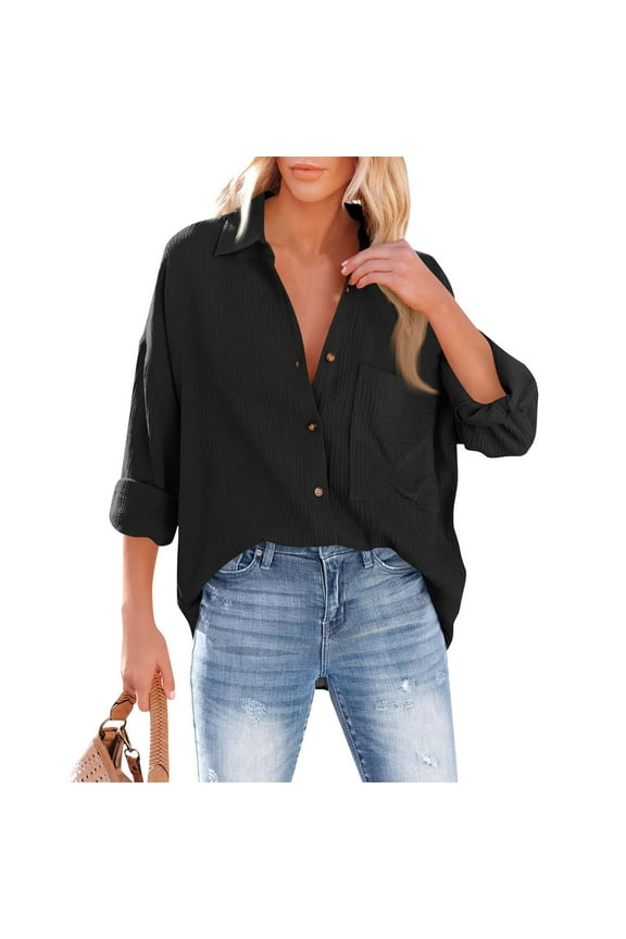 Womens Oversized Cotton Button Down Gauze Shirts Collared Long Sleeve Blouse Top Black M