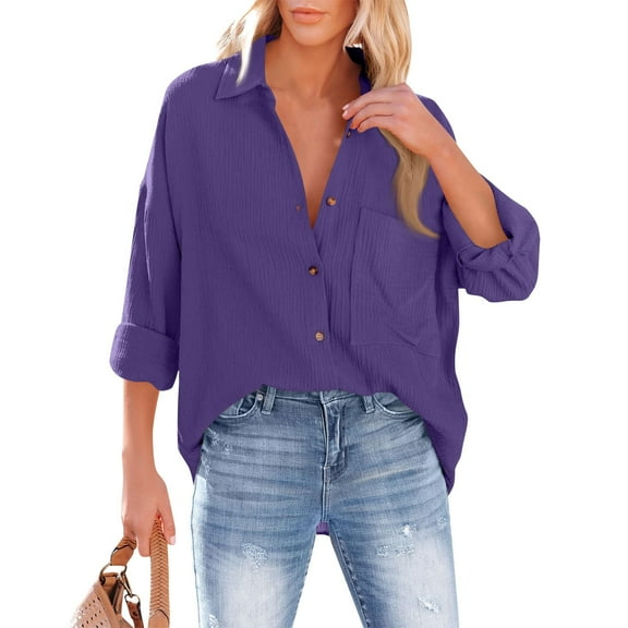 Qwertyu Womens Oversized Cotton Button Down Gauze Shirts Collared Long Sleeve Blouse Top Dark Purple M
