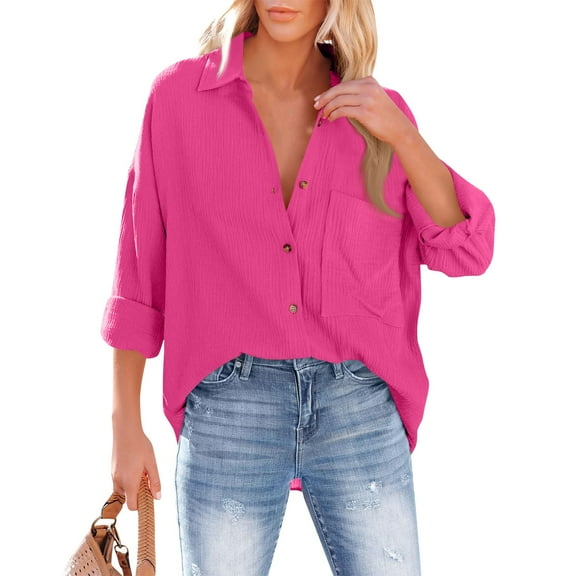 Qwertyu Womens Oversized Cotton Button Down Gauze Shirts Collared Long Sleeve Blouse Top Hot Pink M