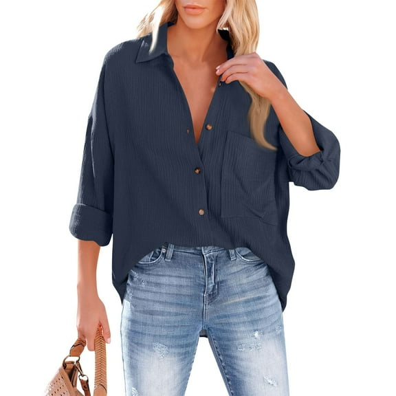 Qwertyu Womens Oversized Cotton Button Down Gauze Shirts Collared Long Sleeve Blouse Top Navy L
