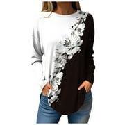 Qwertyu Womens Oversized T Shirts Floral Color Block Crew Neck Women's Dressy Tops Work Long Sleeve Fall Shirts for Women Plus Size Long Fall Tunic Tops Black 2XL