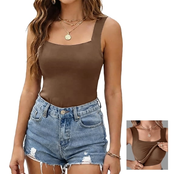 Qwertyu Womens Padded Tank Tops Built in Bra Sleeveless Tops High Strechy U Neck Slim Fitted Summer Top 2026 Light Brown 2XL