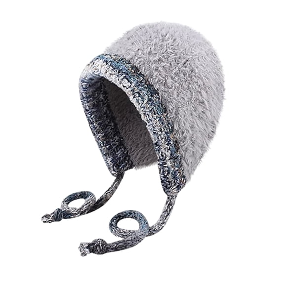 Qwertyu Womens Plush Trapper Hat Thick Knit Beanie Full Coverage Winter Cap Soft Lined Ear Cover Hat with Tie Straps for Cold Weather Gray