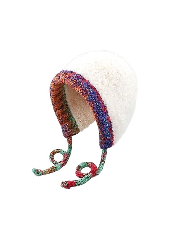 Womens Plush Trapper Hat Thick Knit Beanie Full Coverage Winter Cap Soft Lined Ear Cover Hat with Tie Straps for Cold Weather White