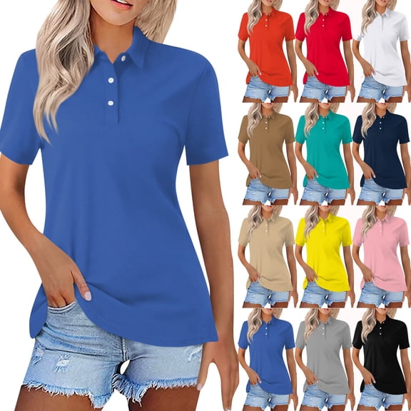Qwertyu Womens Polo Shirts Short Sleeve Button Up Wicking Tshirts Shirts Collared Lapel Shirts Dressy Casual Solid Color Blouses Dressy Turquoise M
