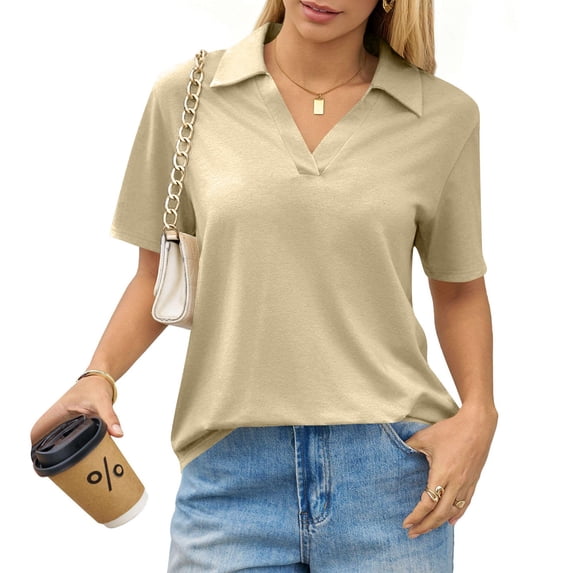 Qwertyu Womens Polo Shirts Short Sleeve V Neck Collared Golf Tops Summer Casual Business Office Work Blouses Beige M