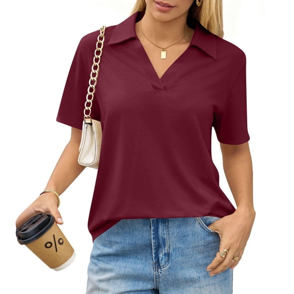 Qwertyu Womens Polo Shirts Short Sleeve V Neck Collared Golf Tops Summer Casual Business Office Work Blouses Wine L