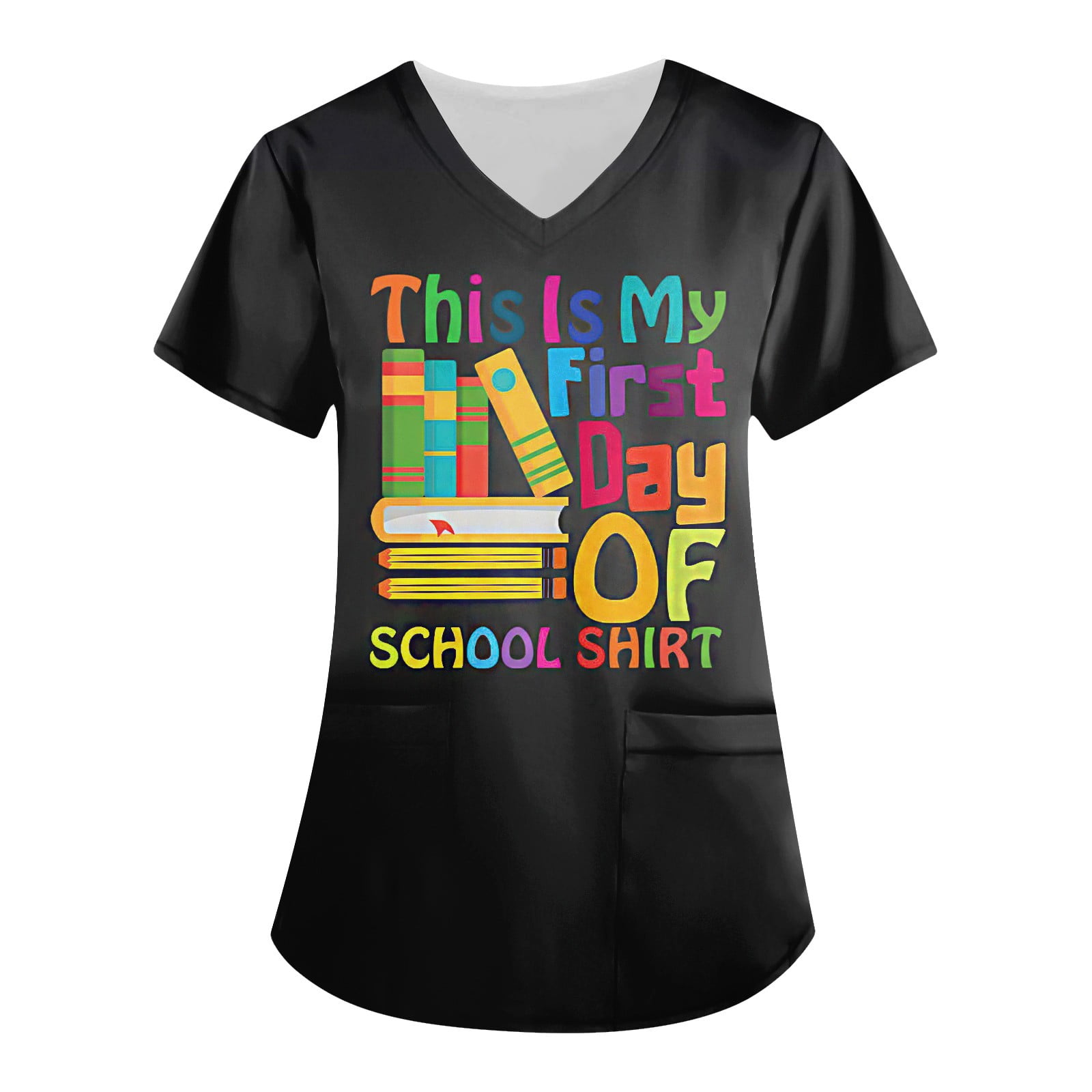 Qwertyu Womens Scrub Tops Short Sleeve V Neck Days Of School Printed