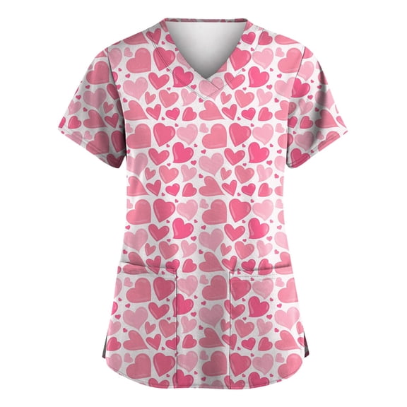 Qwertyu Womens Scrub Tops V Neck Short Sleeve Holiday Scrubs Cute Heart Print Workwear Scrub Tops with Pockets Pink 3XL
