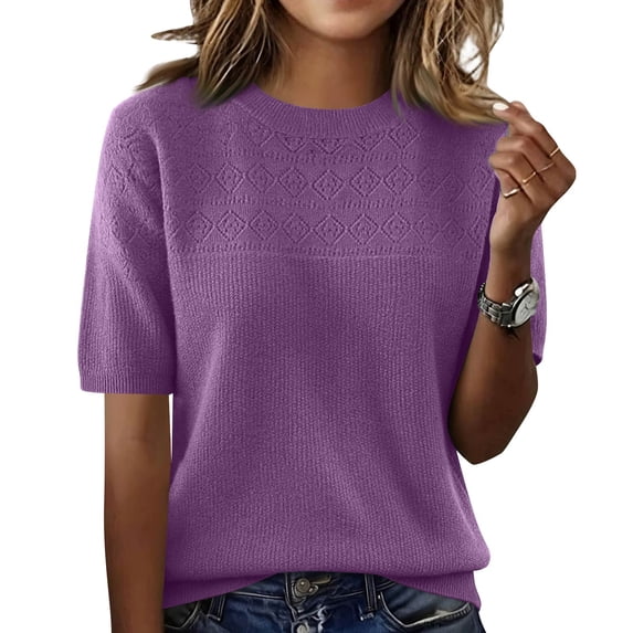 Qwertyu Womens Short Sleeve Sweater 2026 Spring Crewneck Shirts Lightweight Loose Fit Knit Pullover Tops Purple S