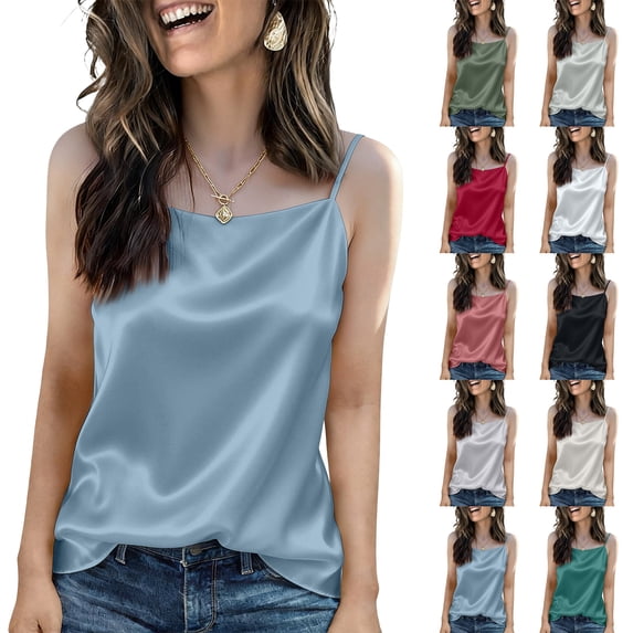 Qwertyu Womens Silk Satin Camisole Tank Tops V Neck Spaghetti Strap Blouses Cross Back Sleeveless Cami Shirt Black 2XL